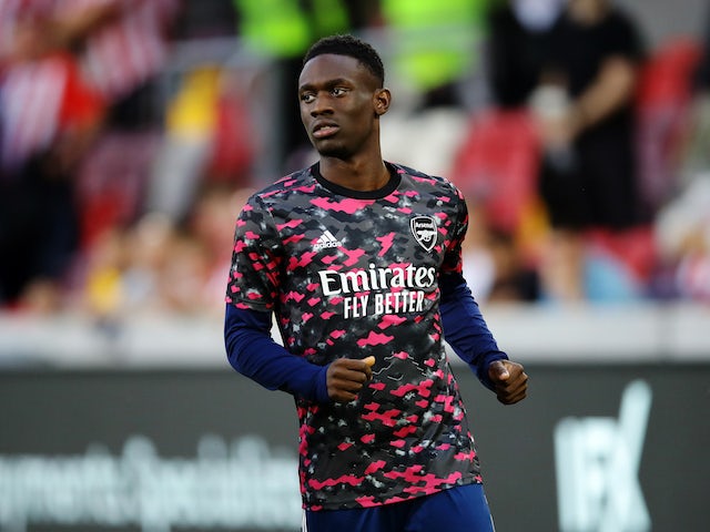 Arsenal's Folarin Balogun during the warm up before the match on August 13, 2021