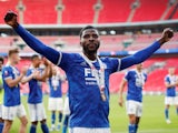 Leicester City's Kelechi Iheanacho celebrates after winning the FA Community Shield on August 7, 2021