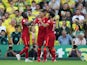 Liverpool's Roberto Firmino celebrates scoring against Norwich City in the Premier League on August 14, 2021