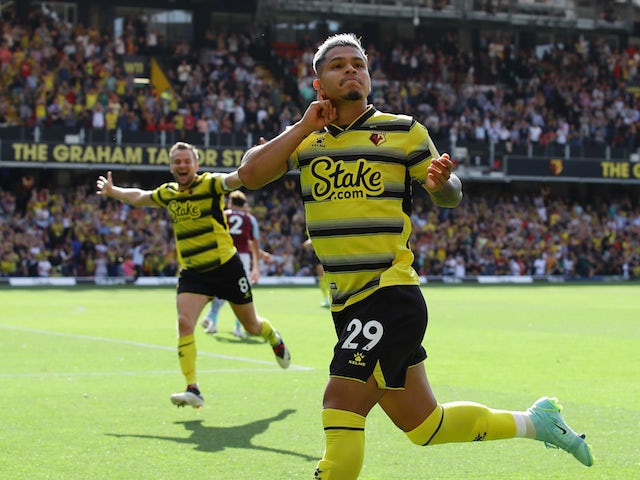 Watford's Cucho Hernandez celebrates scoring against Aston Villa in the Premier League on August 14, 2021