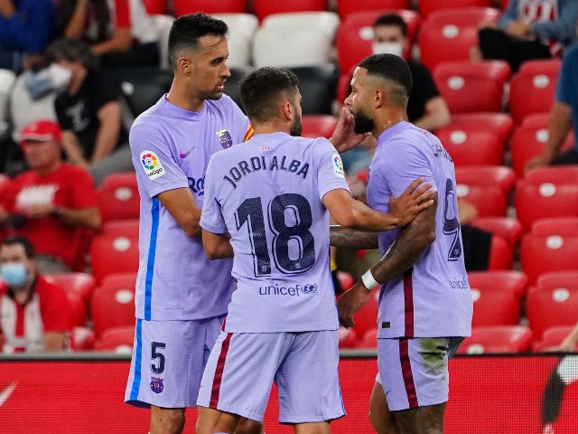 FC Barcelona's Memphis Depay celebrates scoring their first goal against Athletic Bilbao in La Liga on August 21, 2021