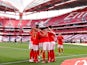 Benfica's Pizzi celebrates with teammates on May 15, 2021