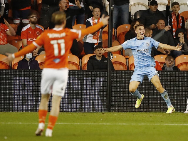 Coventry City's Viktor Gyokeres celebrates scoring their first goal against Blackpool in the Championship on August 17, 2021