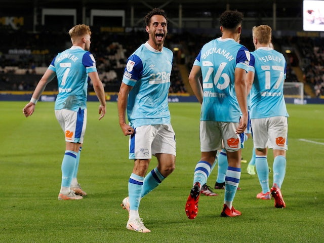 Derby County's Sam Baldock celebrates scoring against Hull City in the Championship on August 18, 2021