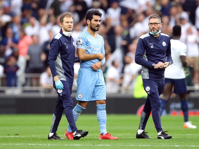 Ilkay Gundogan goes off injured for Manchester City against Tottenham Hotspur on August 15, 2021