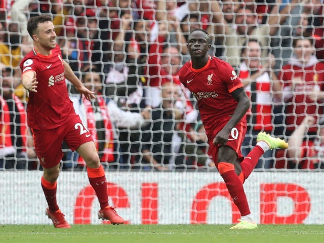 Liverpool's Sadio Mane celebrates scoring against Burnley in the Premier League on August 21, 2021