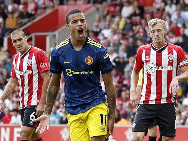 Manchester United's Mason Greenwood celebrates scoring against Southampton in the Premier League on August 22, 2021
