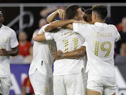 Atlanta United FC forward Josef Martinez (7) celebrates with teammates after scoring a goal against DC United at Audi Field on August 24, 2021