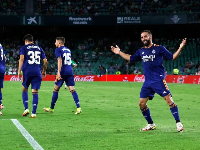 Real Madrid's Dani Carvajal celebrates scoring their first goal on August 28, 2021