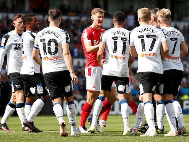 Derby County and Nottingham Forest players clash on August 28, 2021