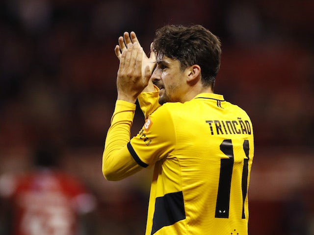 Wolverhampton Wanderers' Francisco Trincao celebrates scoring their third goal on August 24, 2021