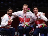 Bronze medalists, Dimitri Coutya of Britain, Oliver Lam-Watson of Britain and Piers Gilliver of Britain celebrate on the podium on August 27, 2021