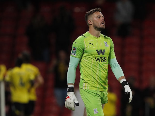 Crystal Palace's Jack Butland reacts after Watford's Ashley Fletcher scored their first goal on August 24, 2021