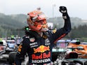 Red Bull's Max Verstappen celebrates qualifying in pole position at the Belgian Grand Prix on August 28, 2021