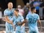 Minnesota United midfielder Will Trapp (20) is congratulated by defender Brent Kallman (14) and defender D.J. Taylor (26) for scoring a goal against the San Jose Earthquakes during the first half at PayPal Park on August 17, 2021