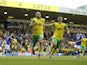 Norwich City's Teemu Pukki celebrates scoring their first goal with Milot Rashica on August 28, 2021