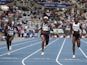 Great Britain's Dina Asher-Smith, Jamaica's Elaine Thompson-Herah, Jamaica's Shericka Jackson, and Switzerland's Ajla Del Ponte in action during the women's 100m on August 28, 2021