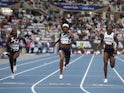 Great Britain's Dina Asher-Smith, Jamaica's Elaine Thompson-Herah, Jamaica's Shericka Jackson, and Switzerland's Ajla Del Ponte in action during the women's 100m on August 28, 2021