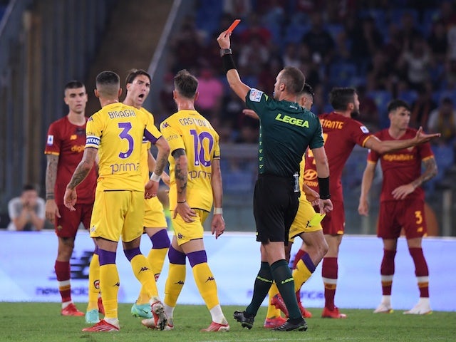 Roma's Nicolo Zaniolo is shown a red card by referee Luca Pairetto on August 22, 2021