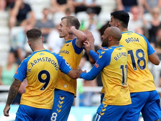 Southampton's James Ward-Prowse celebrates scoring their second goal with teammates on August 28, 2021