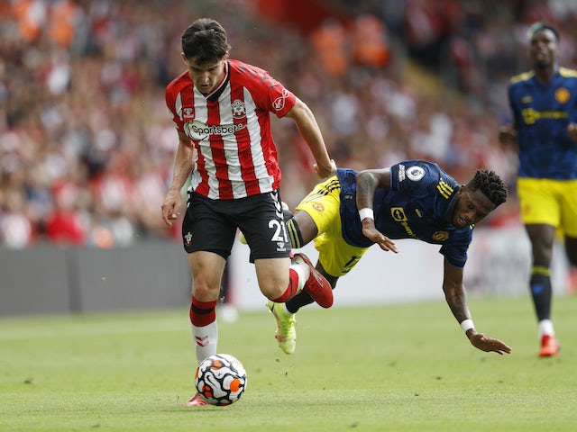Southampton's Tino Livramento in action with Manchester United's Fred on August 22, 2021