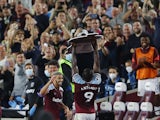 Michail Antonio celebrates scoring for West Ham United against Leicester City in the Premier League on August 23, 2021