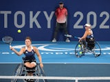 Jordanne Whiley of Britain and Lucy Shuker of Britain in action at the Paralympic Games on September 4, 2021
