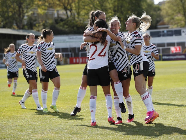 Manchester United Women players celebrates their first goal an own goal scored by Bristol City's Yana Daniels in May 2021