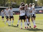Manchester United Women players celebrates their first goal an own goal scored by Bristol City's Yana Daniels in May 2021