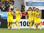 Borussia Dortmund's Erling Braut Haaland celebrates scoring their first goal with teammates on September 11, 2021