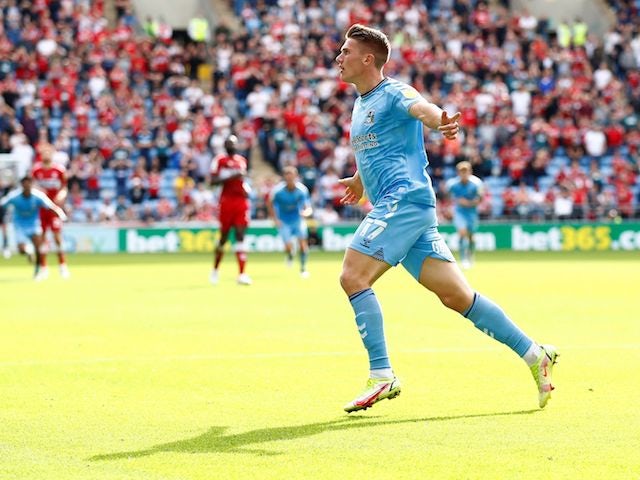 Coventry City's Viktor Gyokeres celebrates scoring their first goal on September 11, 2021