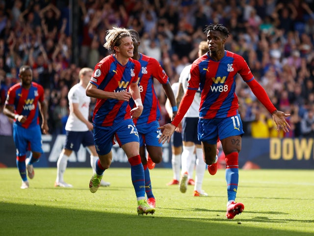 Wilfried Zaha celebrates scoring for Crystal Palace against Tottenham Hotspur in the Premier League on September 11, 2021