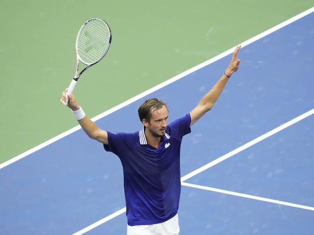 Daniil Medvedev celebrates during his US Open win over Novak Djokovic on September 12, 2021
