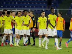 Colombia's Davinson Sanchez with teammates after the match against Paraguay on September 5, 2021