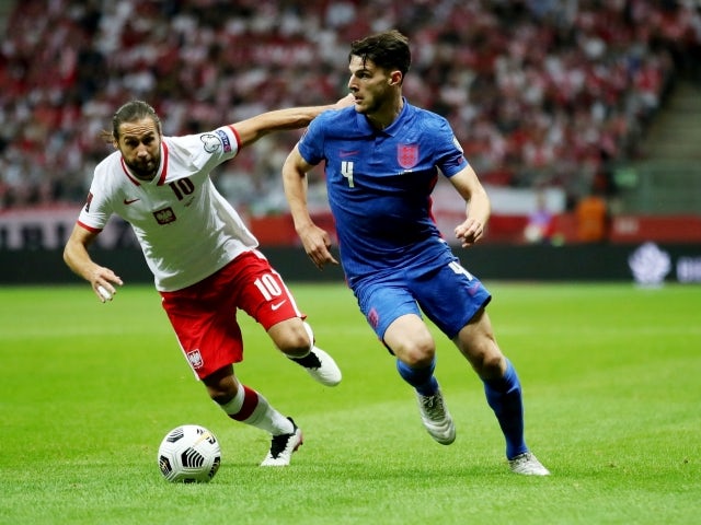 England's Declan Rice in action with Poland's Grzegorz Krychowiak on September 8, 2021
