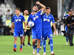 Empoli's Patrick Cutrone celebrates with Nedim Bajrami after the match on August 28, 2021