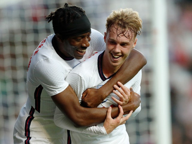 Cole Palmer celebrates scoring for England Under-21s against Kosovo Under-21s on September 7, 2021