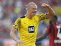 Borussia Dortmund's Erling Braut Haaland celebrates after scoring their second goal on September 11, 2021