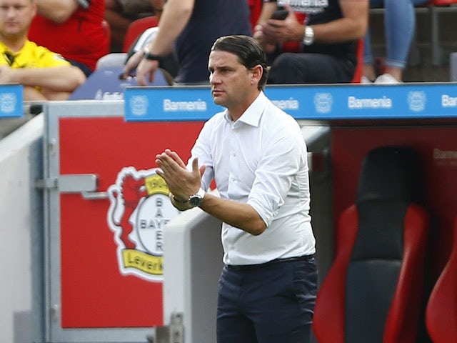 Bayer Leverkusen coach Gerardo Seoane reacts on September 11, 2021