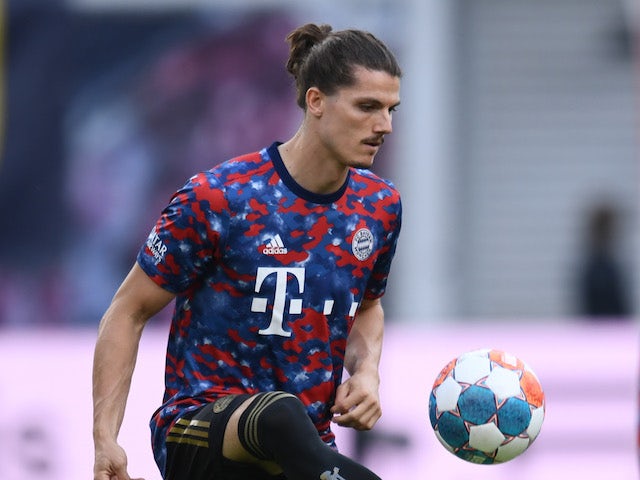 Bayern Munich's Marcel Sabitzer during the warm up before the match on September 11, 2021