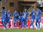 Marseille's Ahmadou Bamba Dieng celebrates scoring their second goal with teammates on September 11, 2021