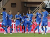 Marseille's Ahmadou Bamba Dieng celebrates scoring their second goal with teammates on September 11, 2021