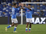 Napoli's Matteo Politano celebrates scoring their first goal with Lorenzo Insigne on September 11, 2021