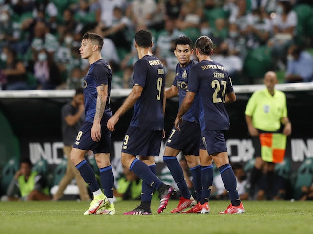 Porto's Luis Diaz celebrates scoring their first goal with teammates on September 11, 2021