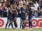 Paris Saint-Germain's (PSG) Ander Herrera celebrates scoring their second goal with teammates on September 11, 2021