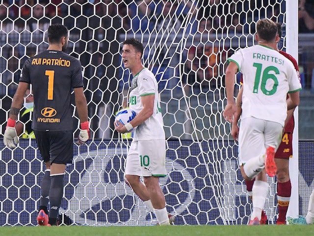 Sassuolo's Filip Djuricic celebrates scoring their first goal on September 12, 2021
