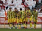 Tondela's Salvador Agra celebrates scoring their first goal with teammates in August 2021