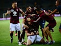 Torino's Andrea Belotti celebrates scoring their first goal with teammates on August 21, 2021