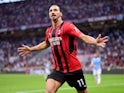 AC Milan's Zlatan Ibrahimovic celebrates scoring their second goal on September 12, 2021