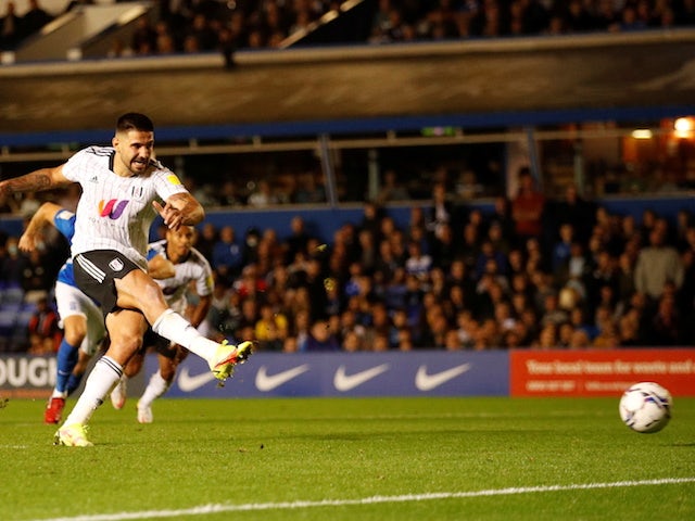 Fulham's Aleksandar Mitrovic scores against Birmingham City on September 15, 2021